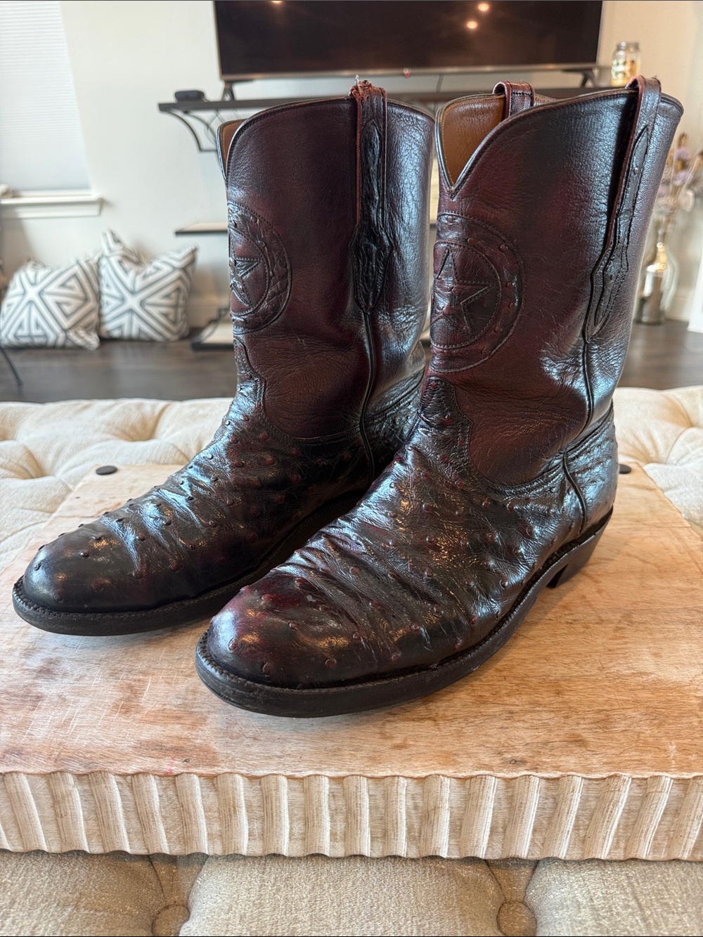 Black Jack Men's 13EE Western Cowboy Boots - BLACK Cherry full Quill ostrich